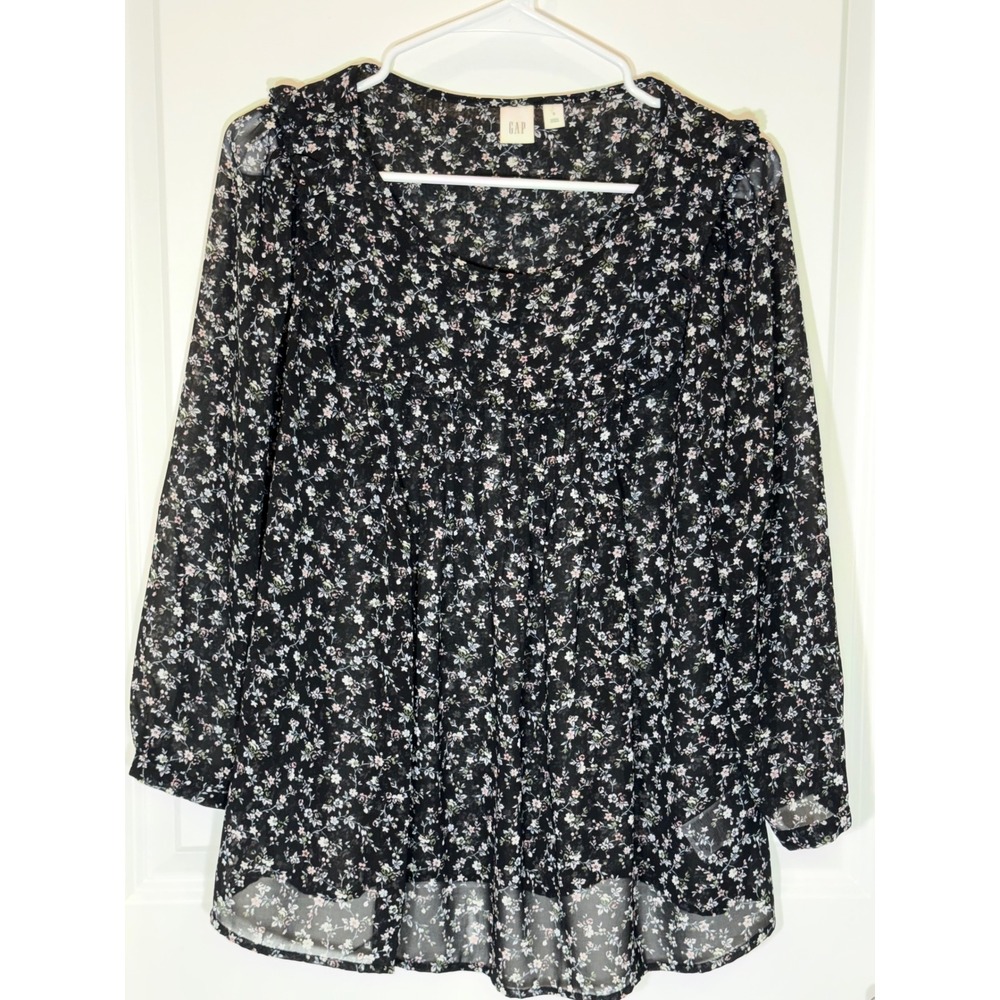 Gap Womens Black Floral Chiffon Ruffle Pleated Long Sleeve Blouse Size S